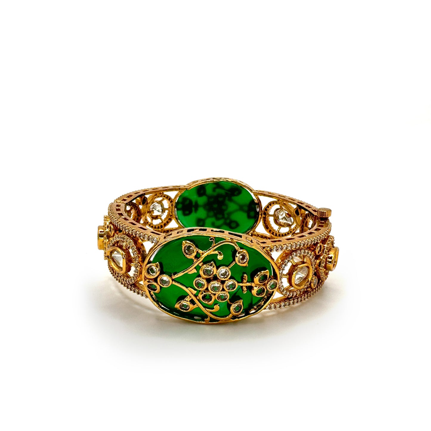 Premium Emerald Bollywood Bangle, Indian Fashion, Bollywood Style, Gold Plate, Antique Gold, New Design, Detailed Carving, High-End Gemstone