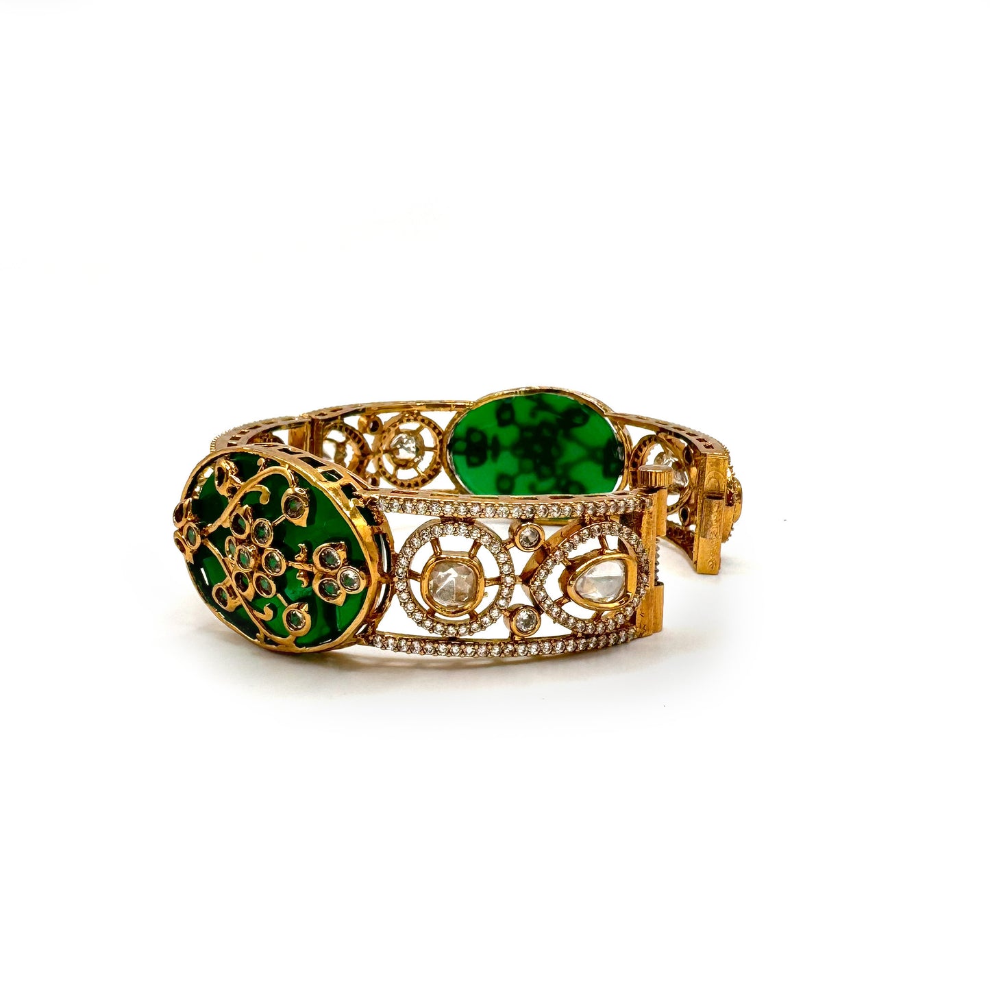 Premium Emerald Bollywood Bangle, Indian Fashion, Bollywood Style, Gold Plate, Antique Gold, New Design, Detailed Carving, High-End Gemstone