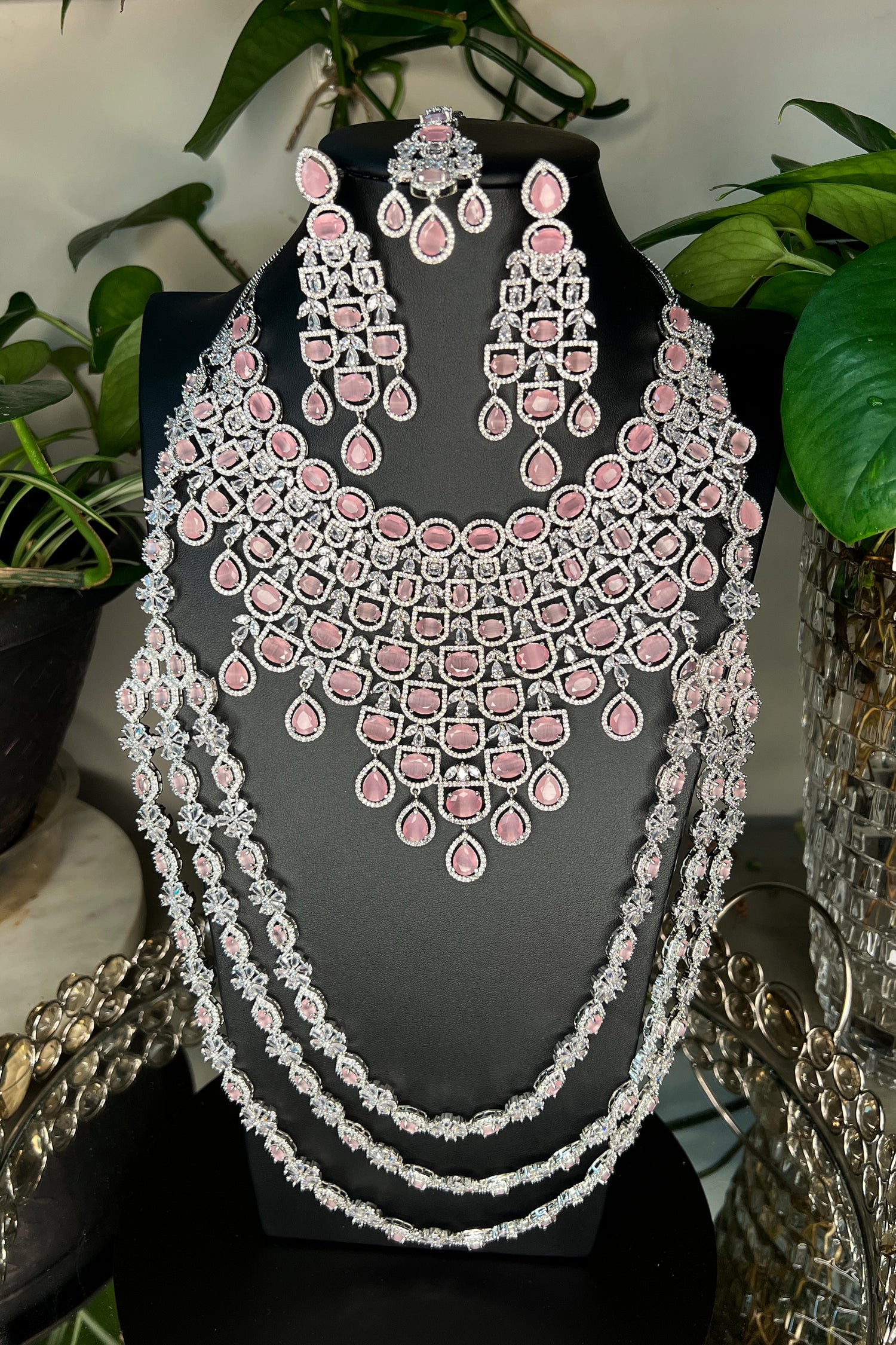 AD statement jewelry, pastel pink stones, diamond look-alike, sophisticated, mang tikka, bridal jewelry, necklace and earrings set, long necklace, special occasions, show-stopping.