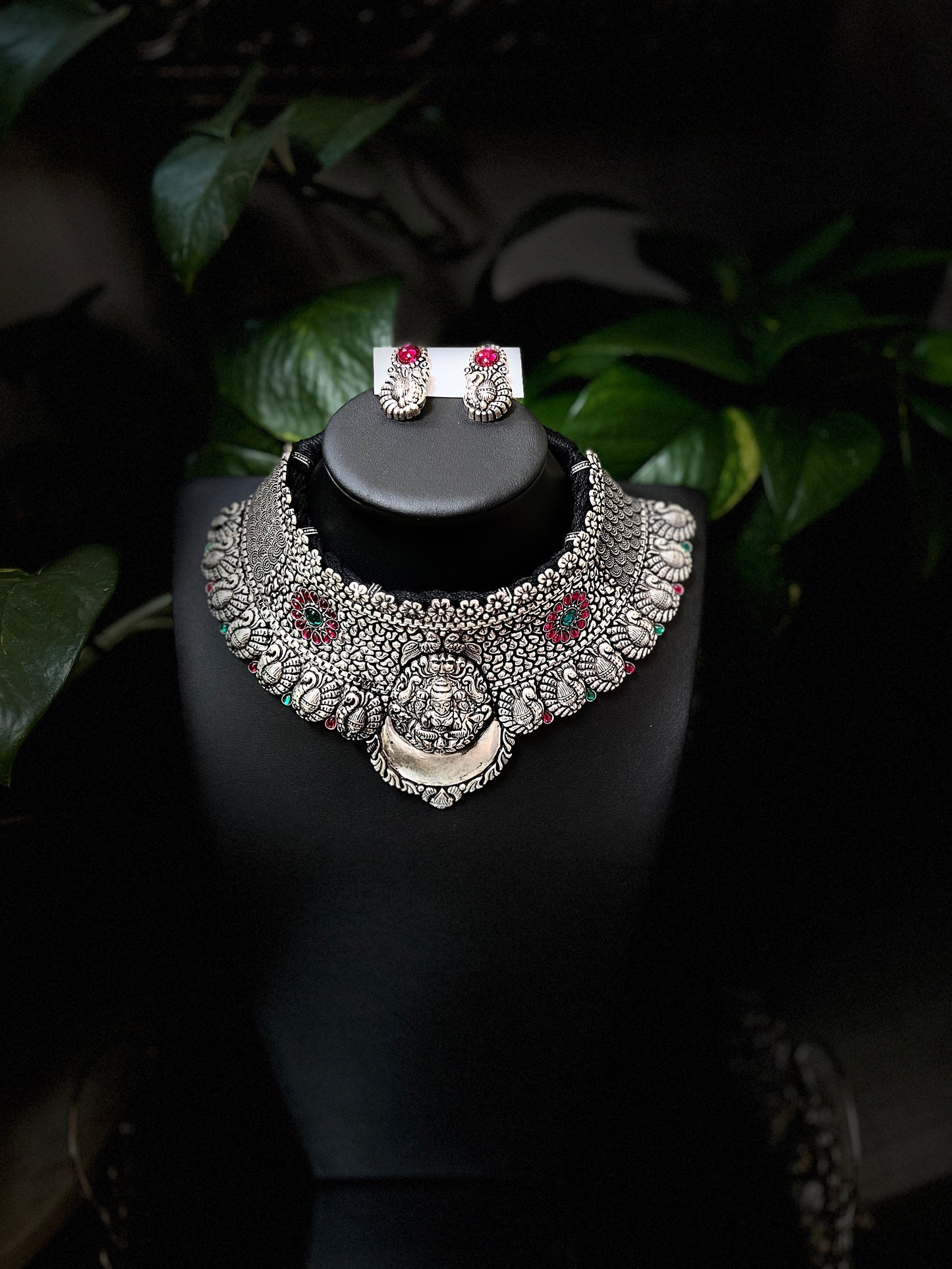 oxidized necklace, collar necklace, Indian goddess necklace, pink and green kempt stones, carved necklace, statement necklace, goddess necklace set, earrings included.