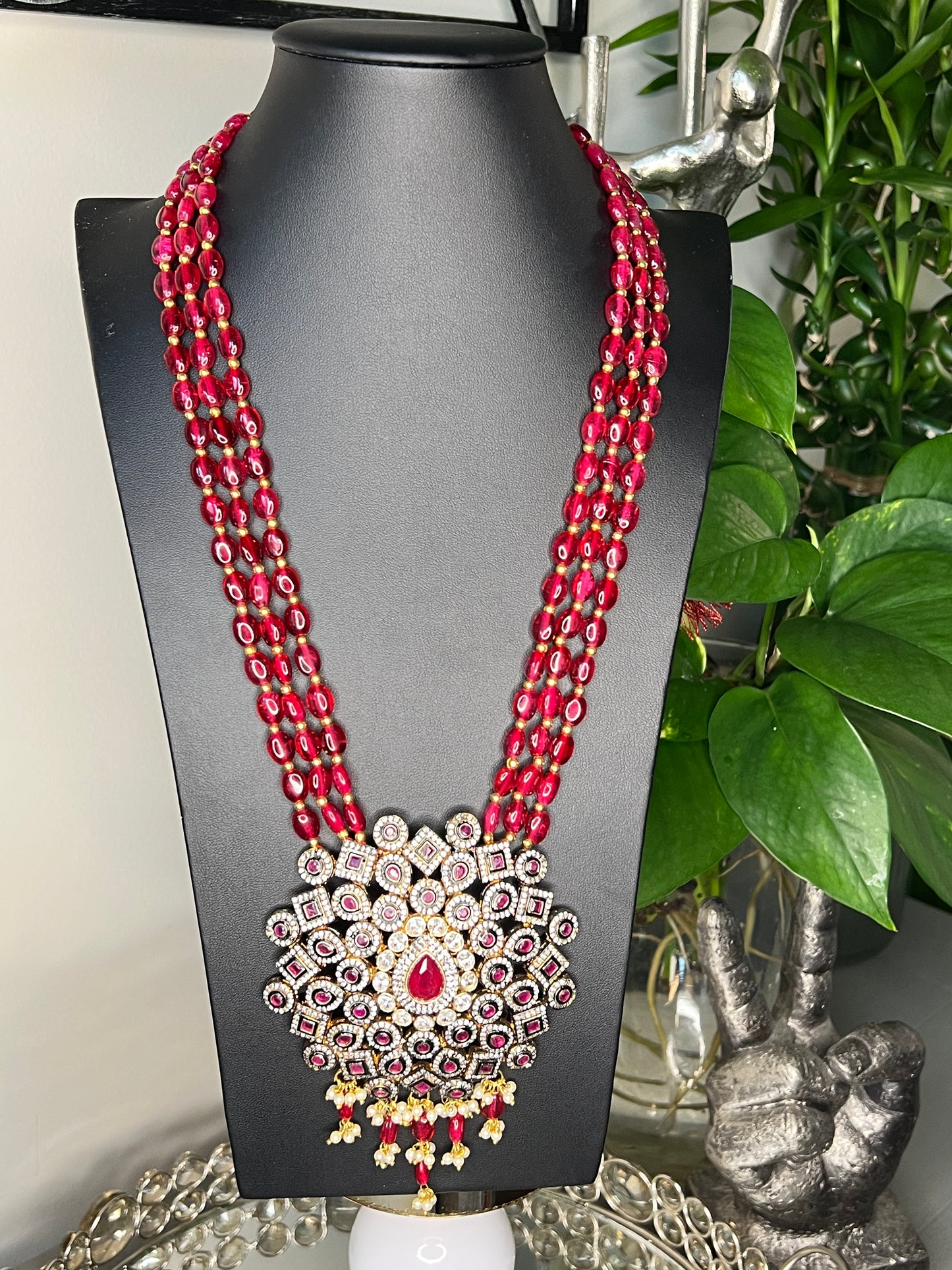 Red Jadau Long Necklace with beads