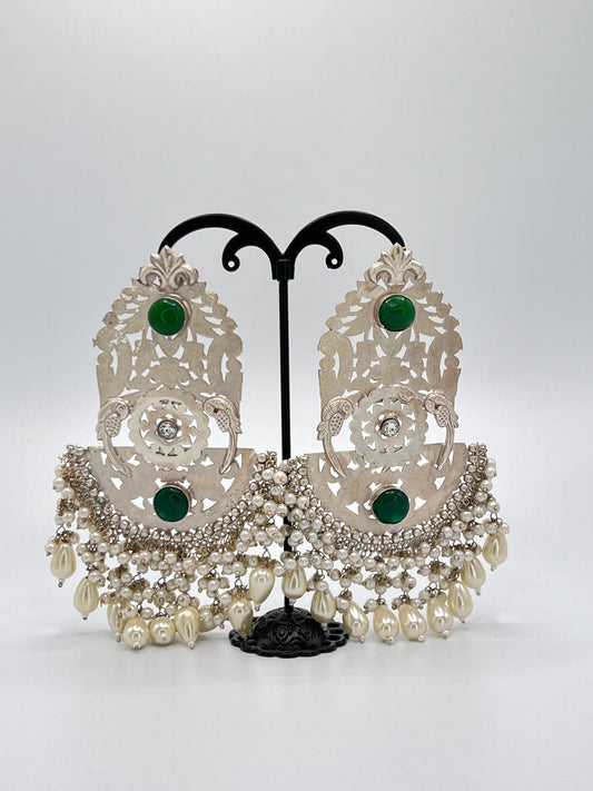 Silver and Green Kundal Earrings