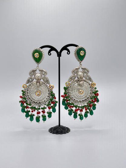 Silver - Green and Red Earrings