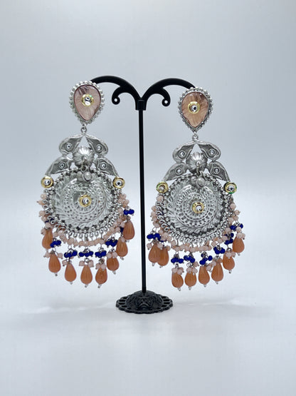 Silver - Sandle Stone and Blue Earrings