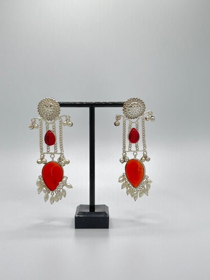 Reva long chain earring with Red Stones