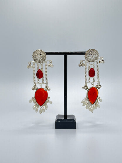 Reva long chain earring with Red Stones