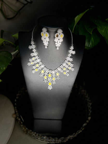 Bridal jewelry set AD necklace and earrings Diamond look alike jewelry High-end statement necklace Pastel pink stones Dangler earrings Mang tikka set Complete bridal look Wedding jewelry Indian bridal jewelry Artificial jewelry Fashion jewelry Costume jewelry AD bridal set Bridal accessories