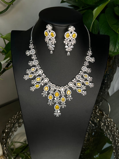 Bridal jewelry set AD necklace and earrings Diamond look alike jewelry High-end statement necklace Pastel pink stones Dangler earrings Mang tikka set Complete bridal look Wedding jewelry Indian bridal jewelry Artificial jewelry Fashion jewelry Costume jewelry AD bridal set Bridal accessories