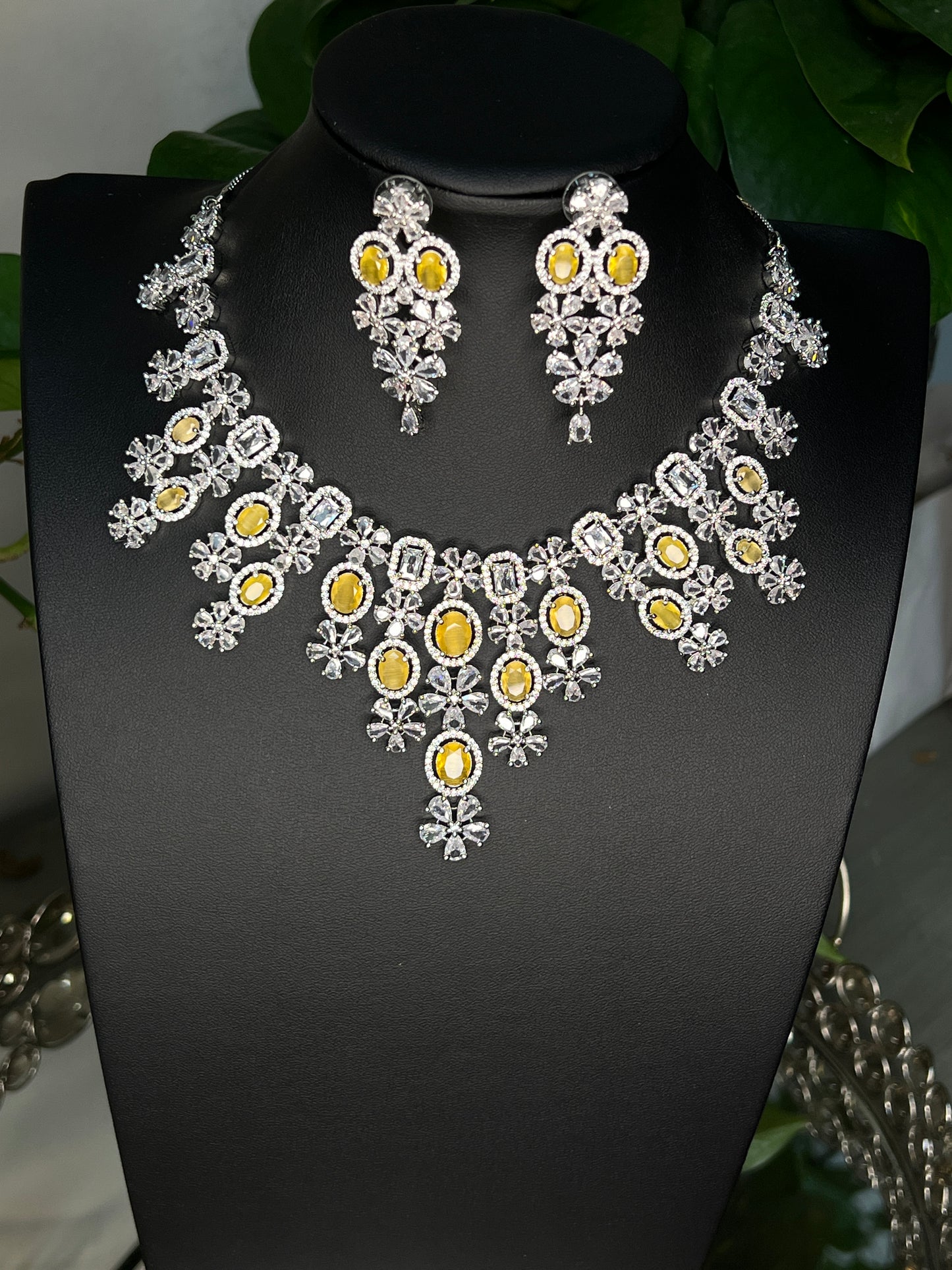 Bridal jewelry set AD necklace and earrings Diamond look alike jewelry High-end statement necklace Pastel pink stones Dangler earrings Mang tikka set Complete bridal look Wedding jewelry Indian bridal jewelry Artificial jewelry Fashion jewelry Costume jewelry AD bridal set Bridal accessories