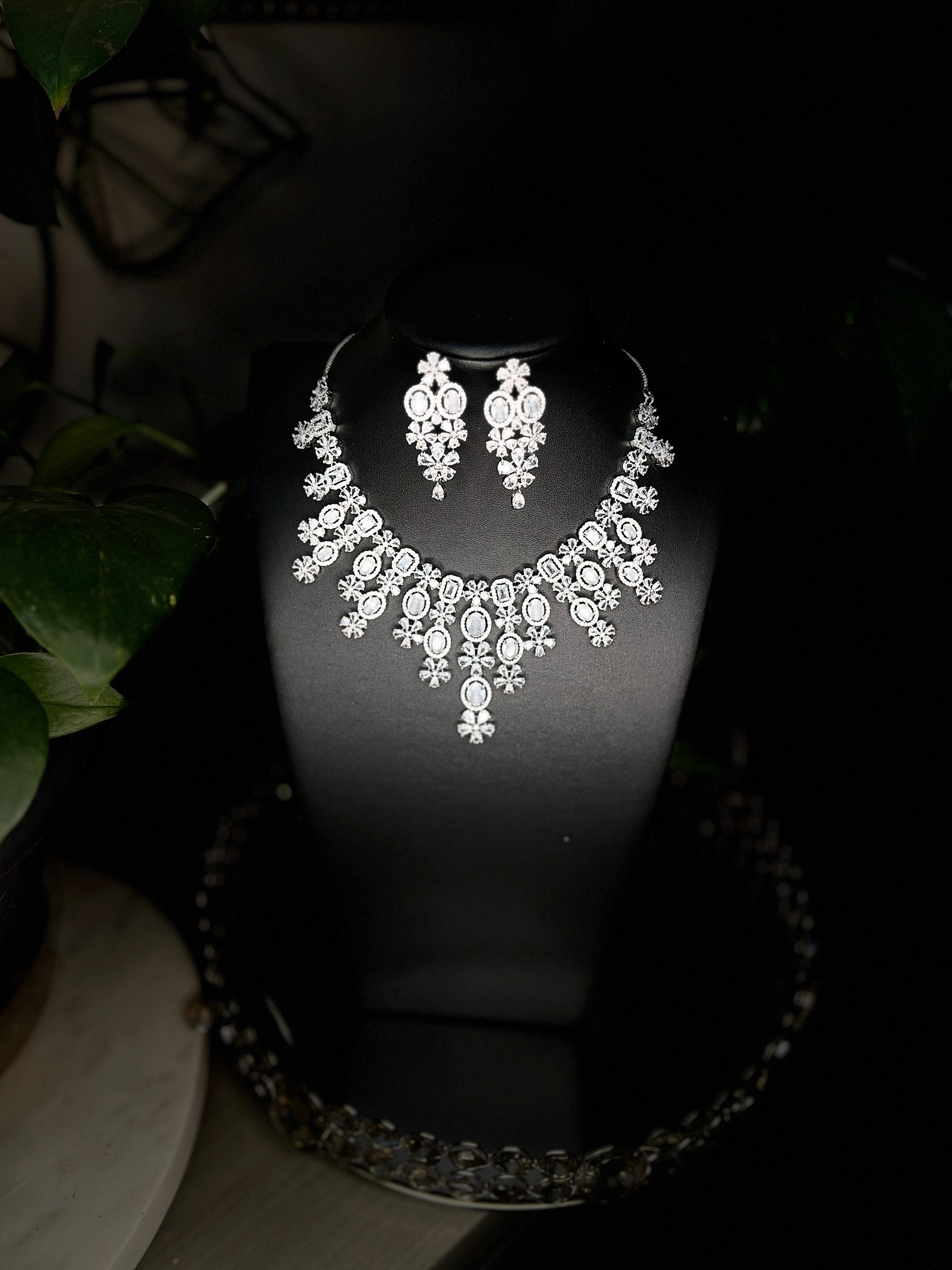 Bridal jewelry set AD necklace and earrings Diamond look alike jewelry High-end statement necklace Pastel pink stones Dangler earrings Mang tikka set Complete bridal look Wedding jewelry Indian bridal jewelry Artificial jewelry Fashion jewelry Costume jewelry AD bridal set Bridal accessories