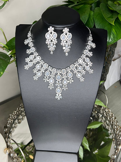 Bridal jewelry set AD necklace and earrings Diamond look alike jewelry High-end statement necklace Pastel pink stones Dangler earrings Mang tikka set Complete bridal look Wedding jewelry Indian bridal jewelry Artificial jewelry Fashion jewelry Costume jewelry AD bridal set Bridal accessories