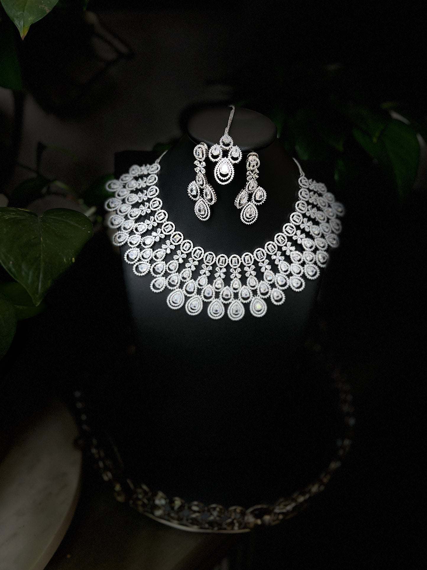 Bridal jewelry set AD necklace and earrings Diamond look alike jewelry High-end statement necklace Pastel pink stones Dangler earrings Mang tikka set Complete bridal look Wedding jewelry Indian bridal jewelry Artificial jewelry Fashion jewelry Costume jewelry AD bridal set Bridal accessories