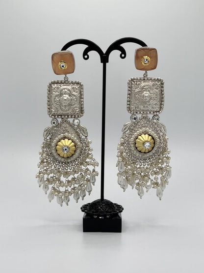 Vaishali Square statement earring with Peach colored Stone