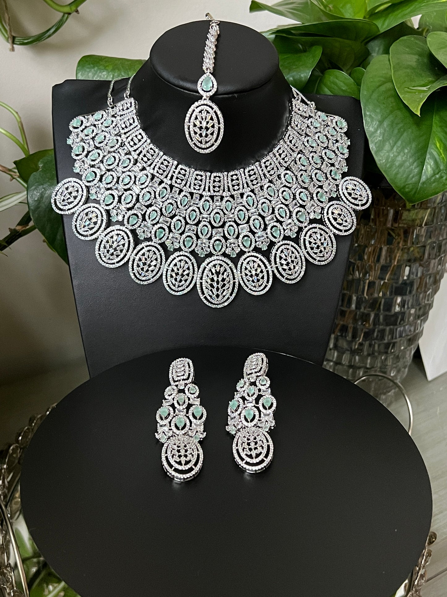 Bridal jewelry set AD necklace and earrings Diamond look alike jewelry High-end statement necklace Pastel pink stones Dangler earrings Mang tikka set Complete bridal look Wedding jewelry Indian bridal jewelry Artificial jewelry Fashion jewelry Costume jewelry AD bridal set Bridal accessories