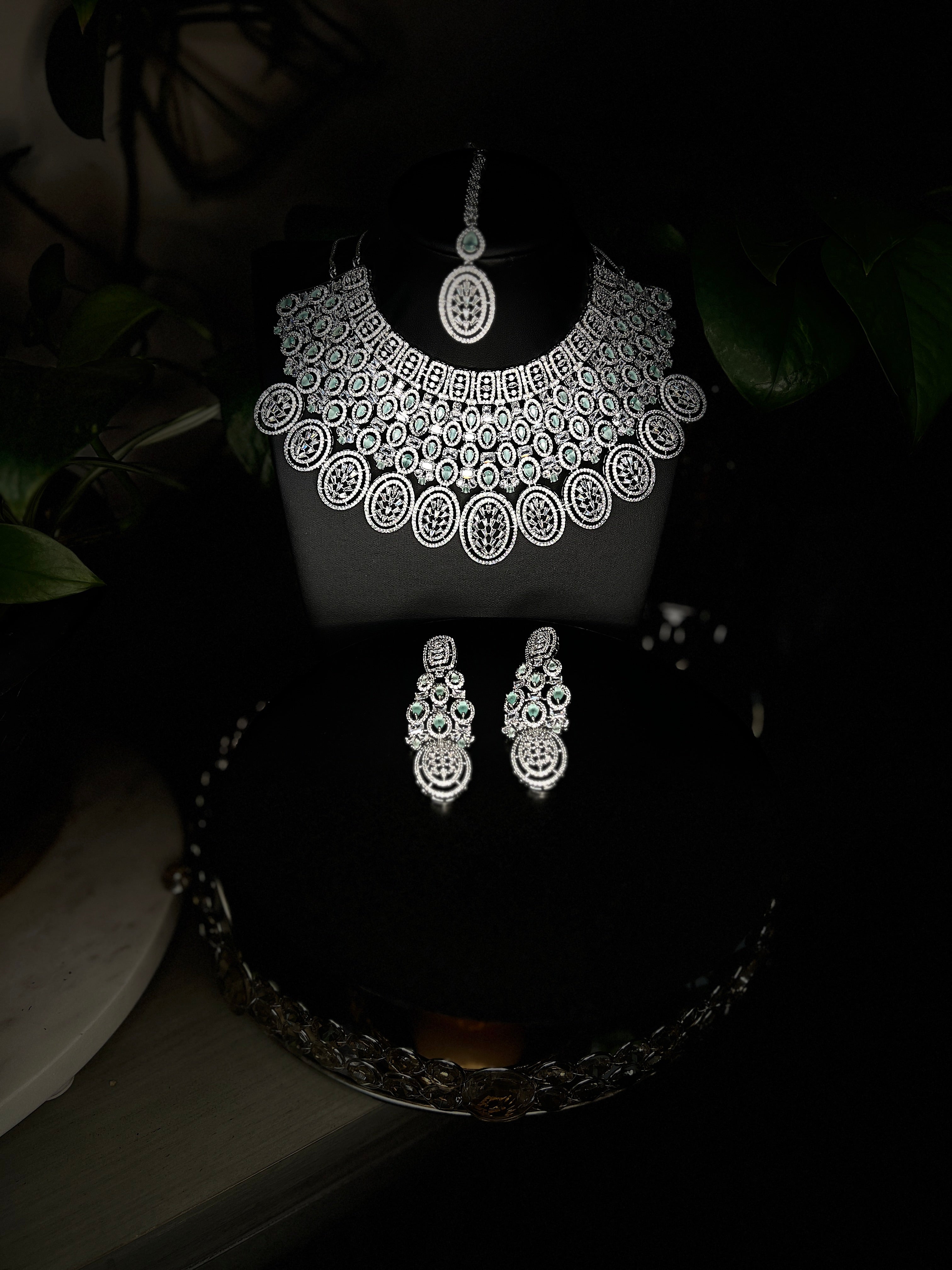 Bridal jewelry set AD necklace and earrings Diamond look alike jewelry High-end statement necklace Pastel pink stones Dangler earrings Mang tikka set Complete bridal look Wedding jewelry Indian bridal jewelry Artificial jewelry Fashion jewelry Costume jewelry AD bridal set Bridal accessories