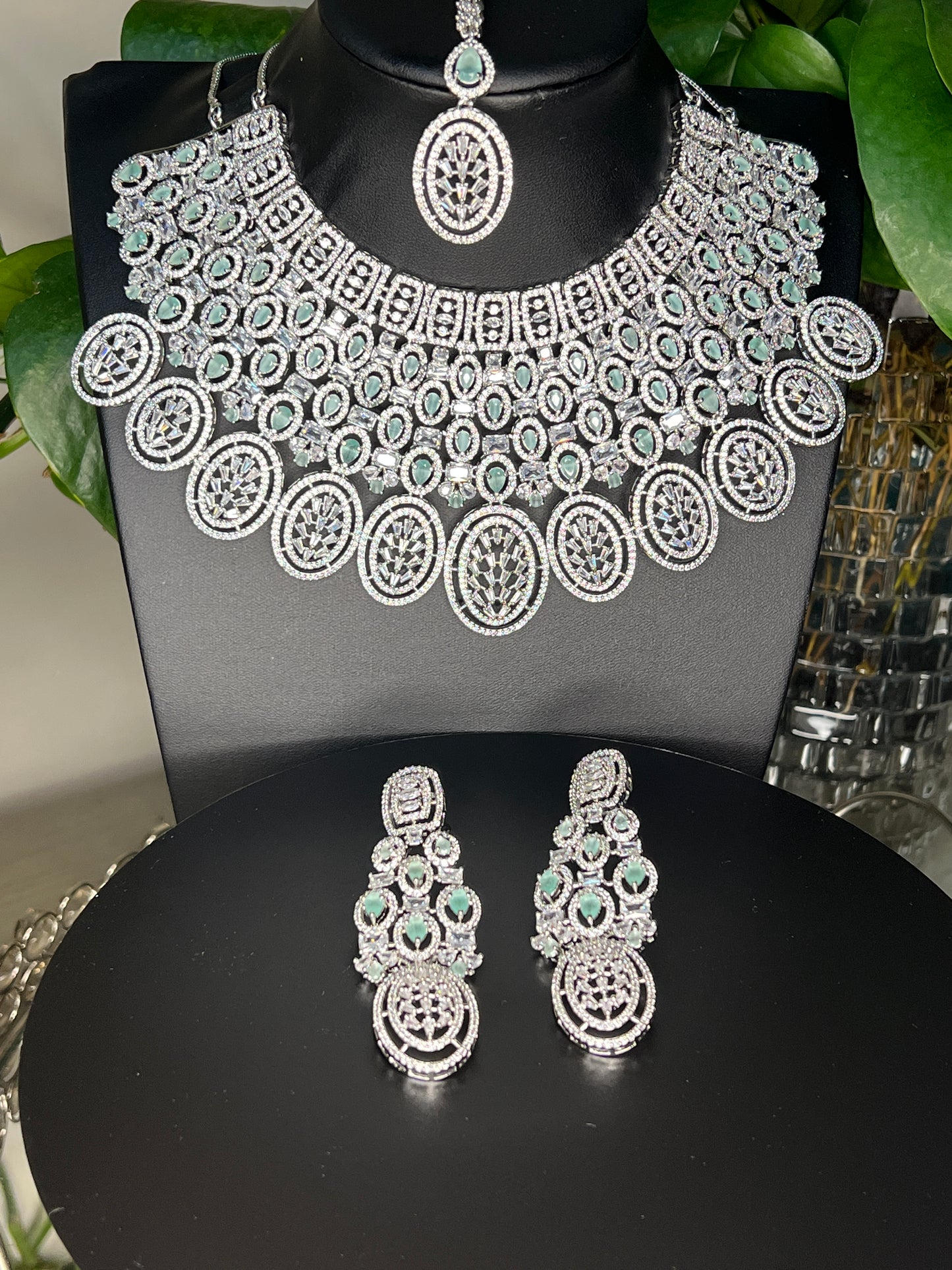 Bridal jewelry set AD necklace and earrings Diamond look alike jewelry High-end statement necklace Pastel pink stones Dangler earrings Mang tikka set Complete bridal look Wedding jewelry Indian bridal jewelry Artificial jewelry Fashion jewelry Costume jewelry AD bridal set Bridal accessories