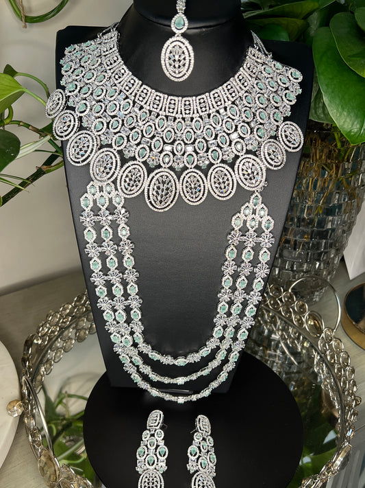 Bridal jewelry set AD necklace and earrings Diamond look alike jewelry High-end statement necklace Pastel pink stones Dangler earrings Mang tikka set Complete bridal look Wedding jewelry Indian bridal jewelry Artificial jewelry Fashion jewelry Costume jewelry AD bridal set Bridal accessories