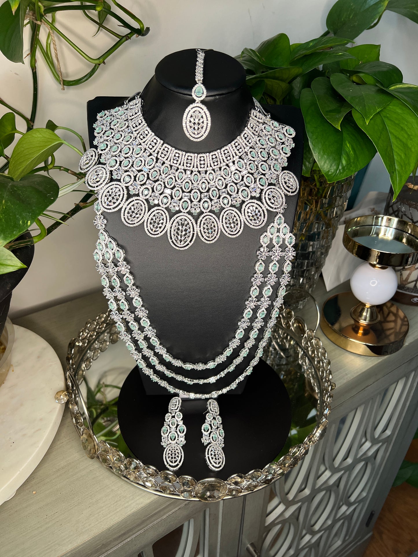 Bridal jewelry set AD necklace and earrings Diamond look alike jewelry High-end statement necklace Pastel pink stones Dangler earrings Mang tikka set Complete bridal look Wedding jewelry Indian bridal jewelry Artificial jewelry Fashion jewelry Costume jewelry AD bridal set Bridal accessories