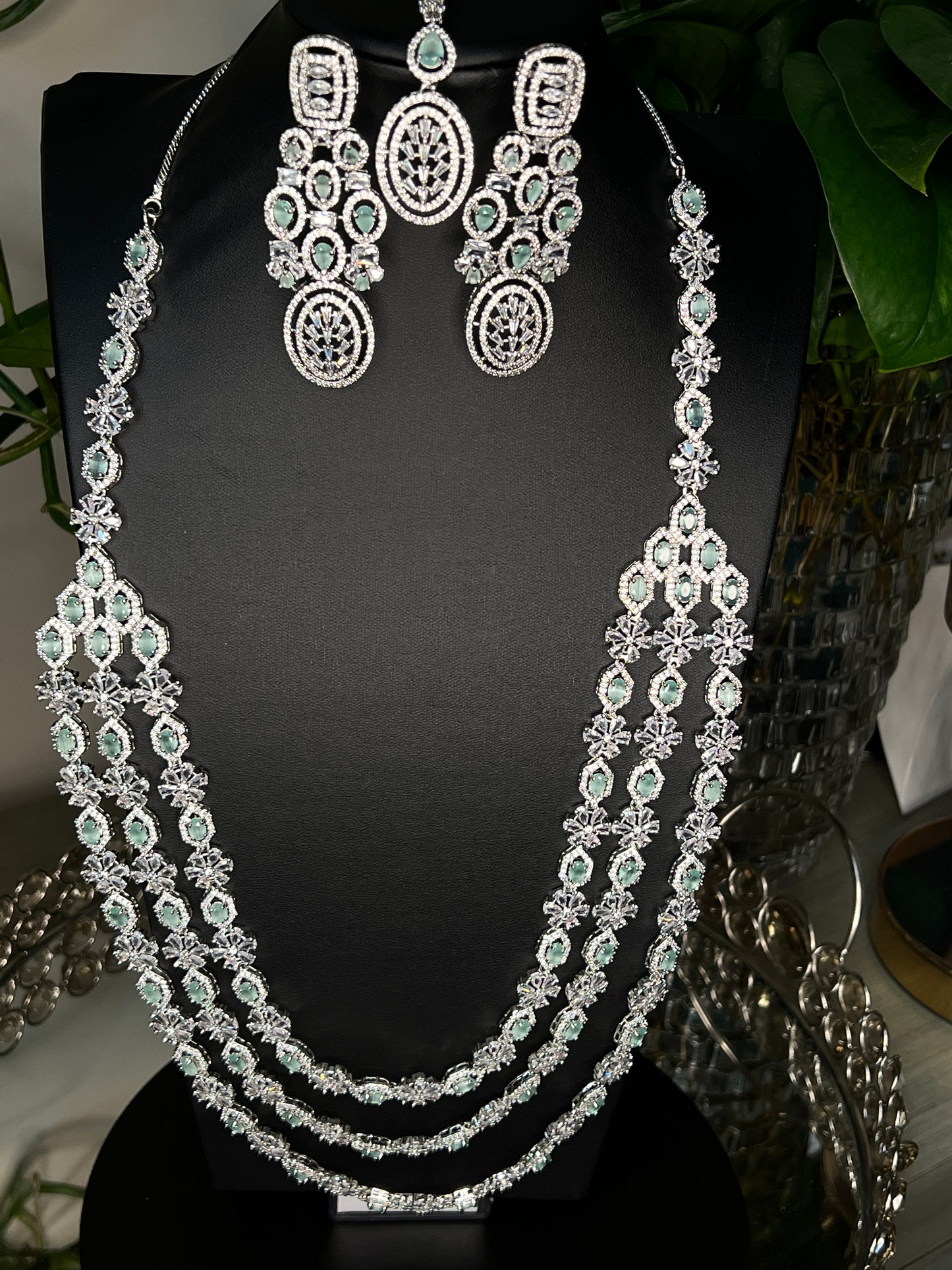 Bridal jewelry set AD necklace and earrings Diamond look alike jewelry High-end statement necklace Pastel pink stones Dangler earrings Mang tikka set Complete bridal look Wedding jewelry Indian bridal jewelry Artificial jewelry Fashion jewelry Costume jewelry AD bridal set Bridal accessories