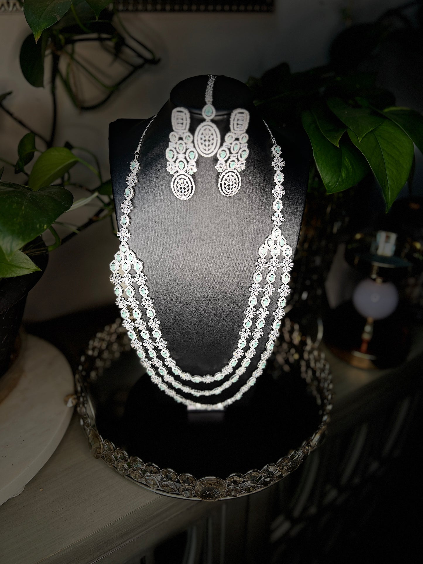 Bridal jewelry set AD necklace and earrings Diamond look alike jewelry High-end statement necklace Pastel pink stones Dangler earrings Mang tikka set Complete bridal look Wedding jewelry Indian bridal jewelry Artificial jewelry Fashion jewelry Costume jewelry AD bridal set Bridal accessories