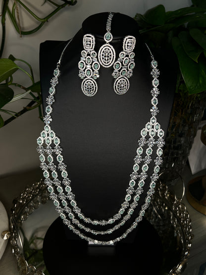 Bridal jewelry set AD necklace and earrings Diamond look alike jewelry High-end statement necklace Pastel pink stones Dangler earrings Mang tikka set Complete bridal look Wedding jewelry Indian bridal jewelry Artificial jewelry Fashion jewelry Costume jewelry AD bridal set Bridal accessories