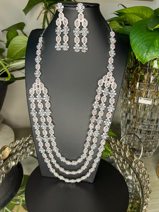 American Diamond Set, AD statement jewelry, pastel pink stones, diamond look-alike, sophisticated, mang tikka, bridal jewelry, necklace and earrings set, long necklace, special occasions, show-stopping.