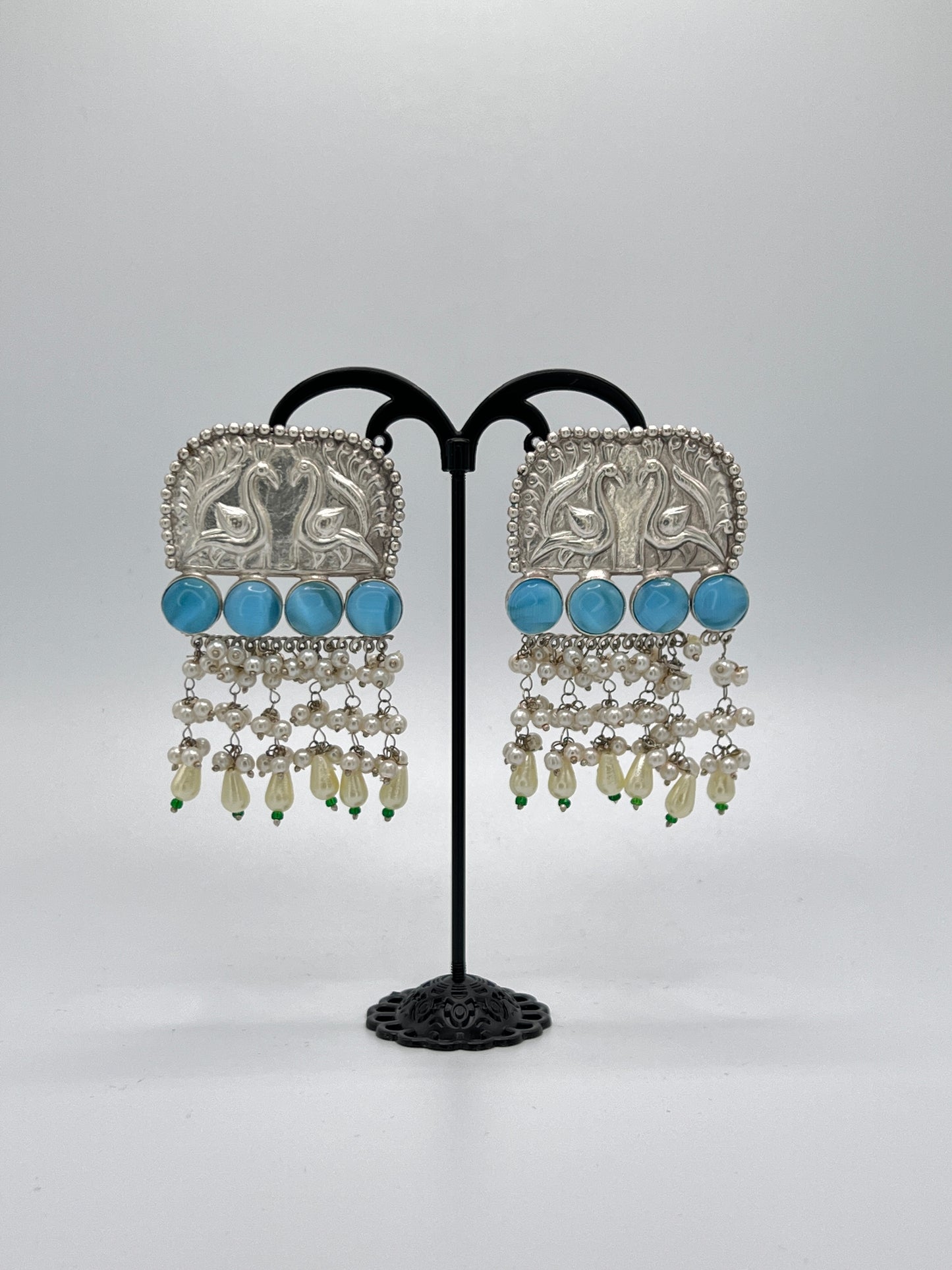 Ranjana Love Birds earrings with Aqua Marine Stones