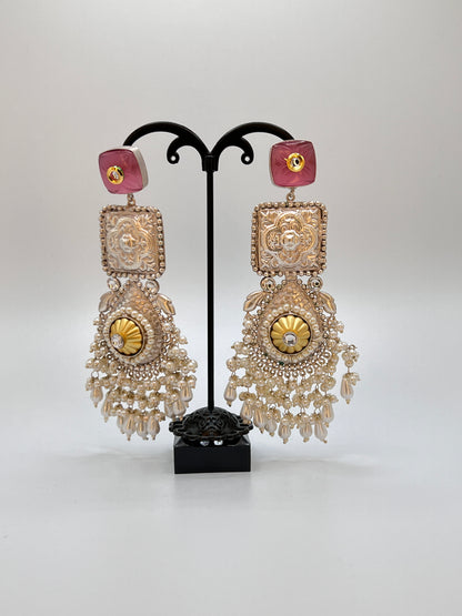 Vaishali Square statement earring with Pink Stone