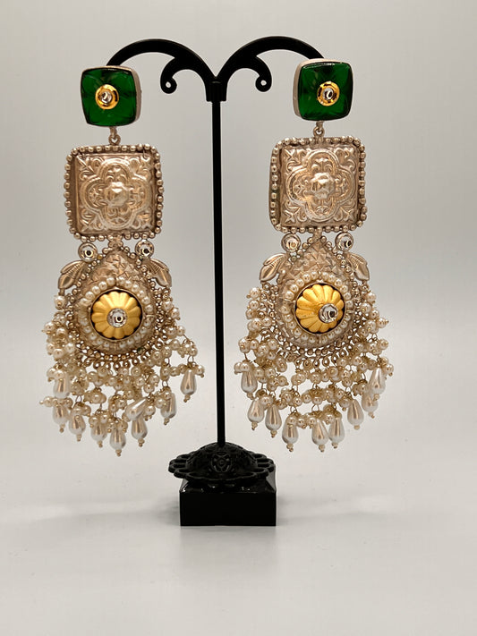 Vaishali Square statement earring with Green Stone