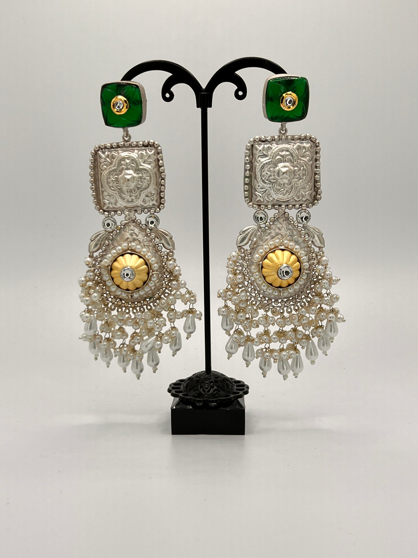 Vaishali Square statement earring with Green Stone