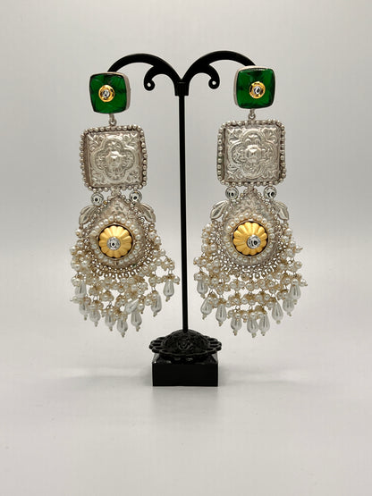 Vaishali Square statement earring with Green Stone