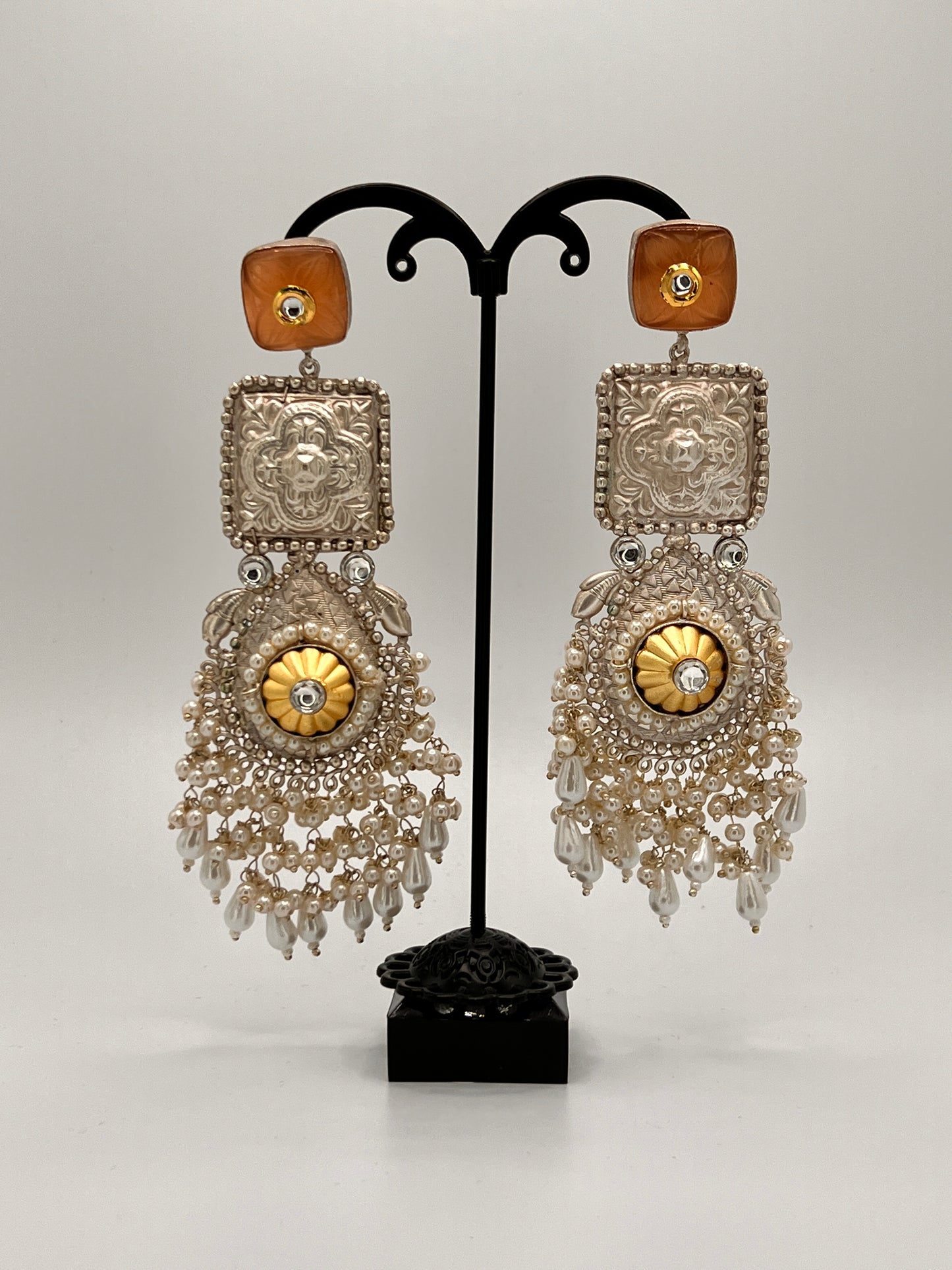 Vaishali Square statement earring with Peach colored Stone