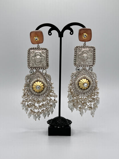 Vaishali Square statement earring with Peach colored Stone