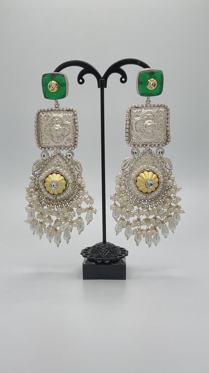 Vaishali Square statement earring with Green Stone