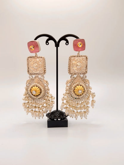 Vaishali Square statement earring with Pink Stone