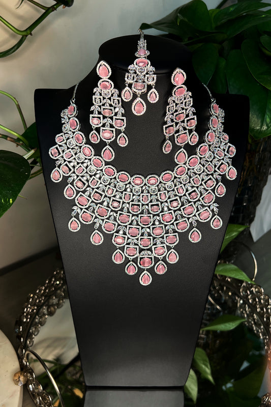 AD statement jewelry, pastel pink stones, diamond look-alike, sophisticated, mang tikka, bridal jewelry, necklace and earrings set, long necklace, special occasions, show-stopping.