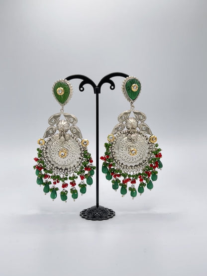 Silver - Green and Red Earrings