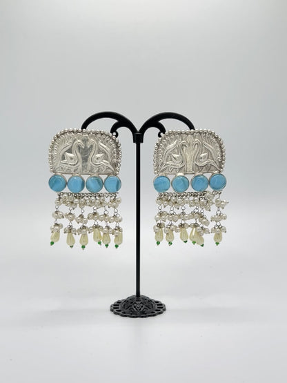 Ranjana Love Birds earrings with Aqua Marine Stones