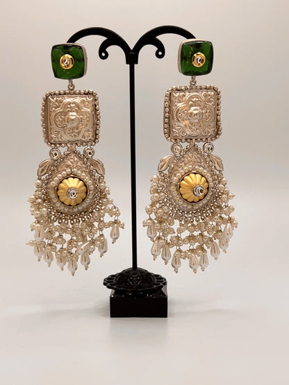 Vaishali Square statement earring with Green Stone